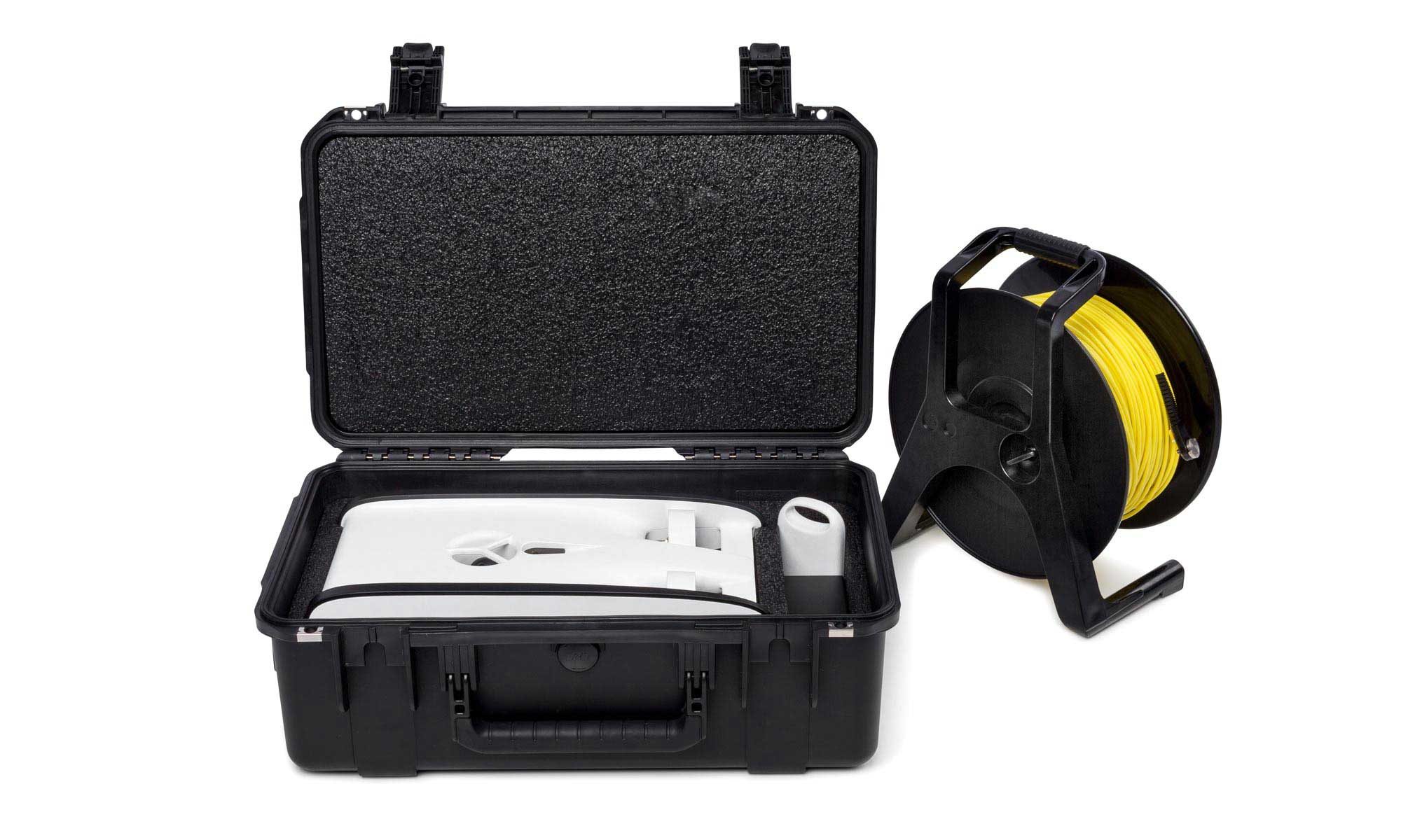 OpenROV Trident in hard case with optional 100m tether..